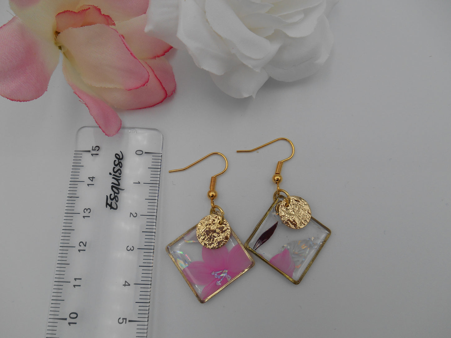 Boucles d'oreilles "Transparence & fleurs holographiques"