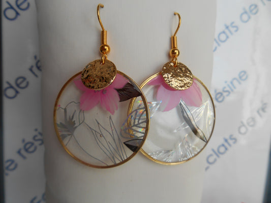 Boucles d'oreilles "Transparence & fleurs holographiques"