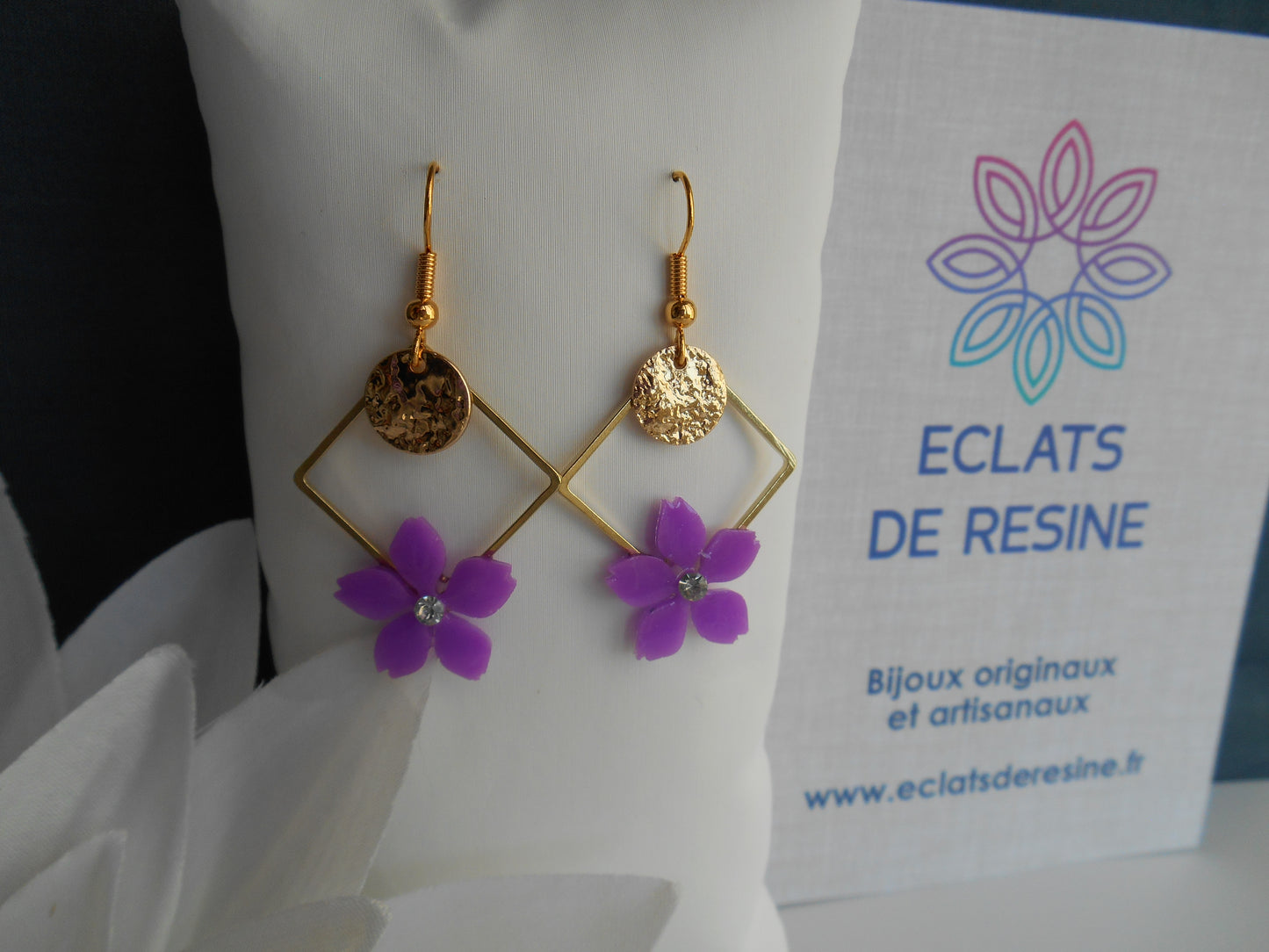 Boucles d'oreilles Carré & fleurs colorée