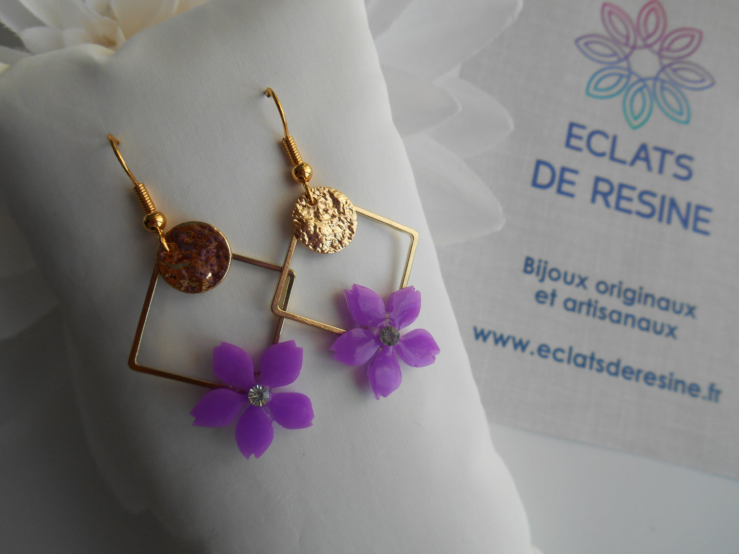 Boucles d'oreilles Carré & fleurs colorée