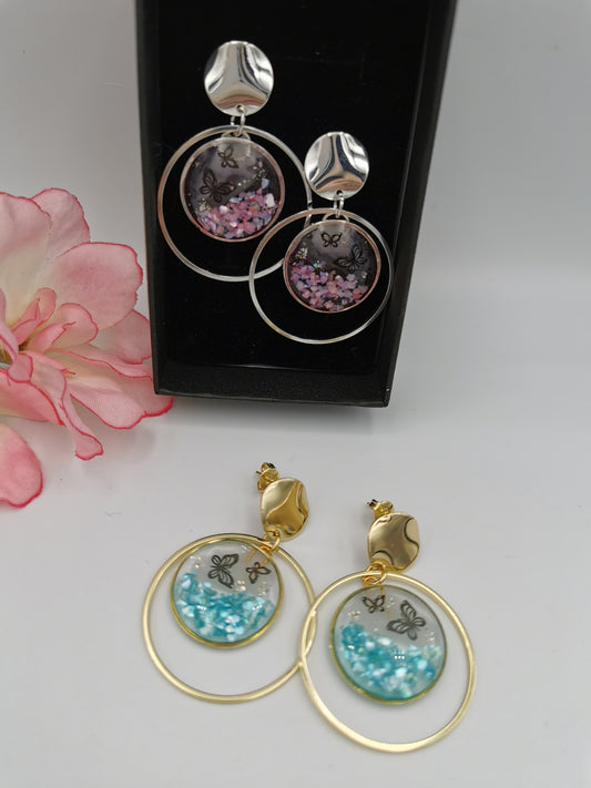 Boucles d'oreilles Doubles anneaux, nacre & papillons