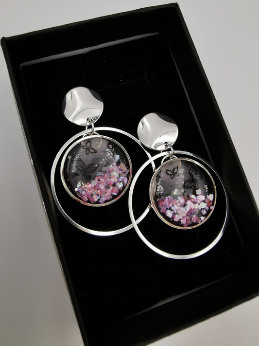 Boucles d'oreilles Doubles anneaux, nacre & papillons