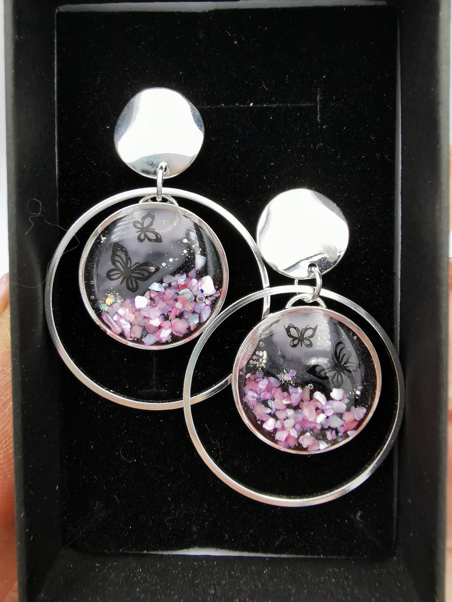 Boucles d'oreilles Doubles anneaux, nacre & papillons