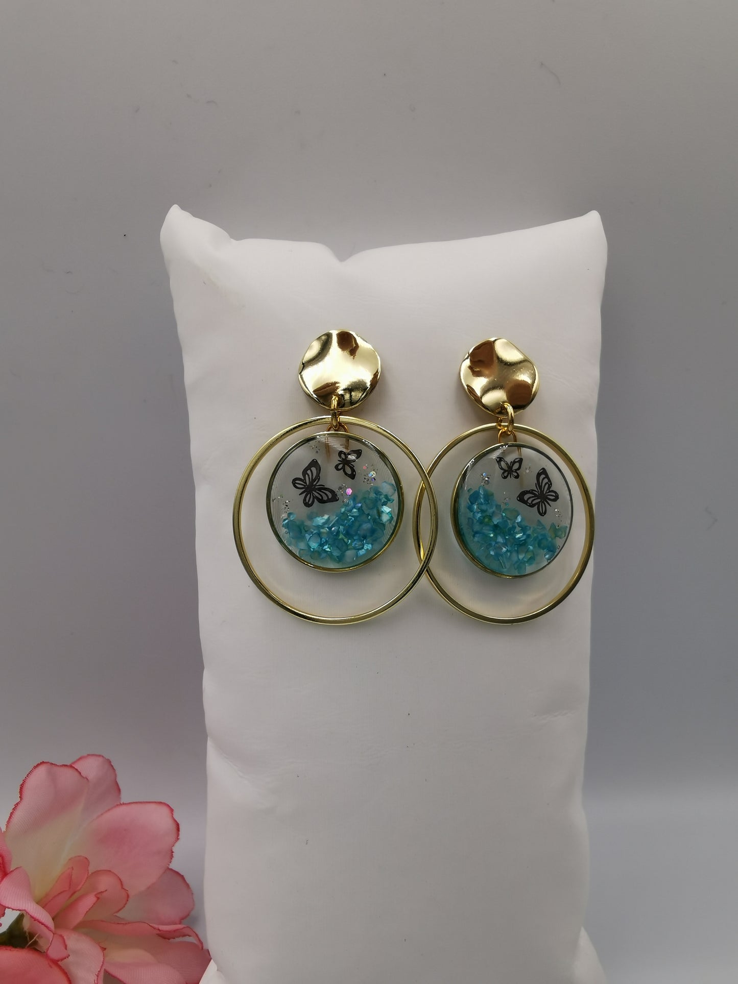 Boucles d'oreilles Doubles anneaux, nacre & papillons